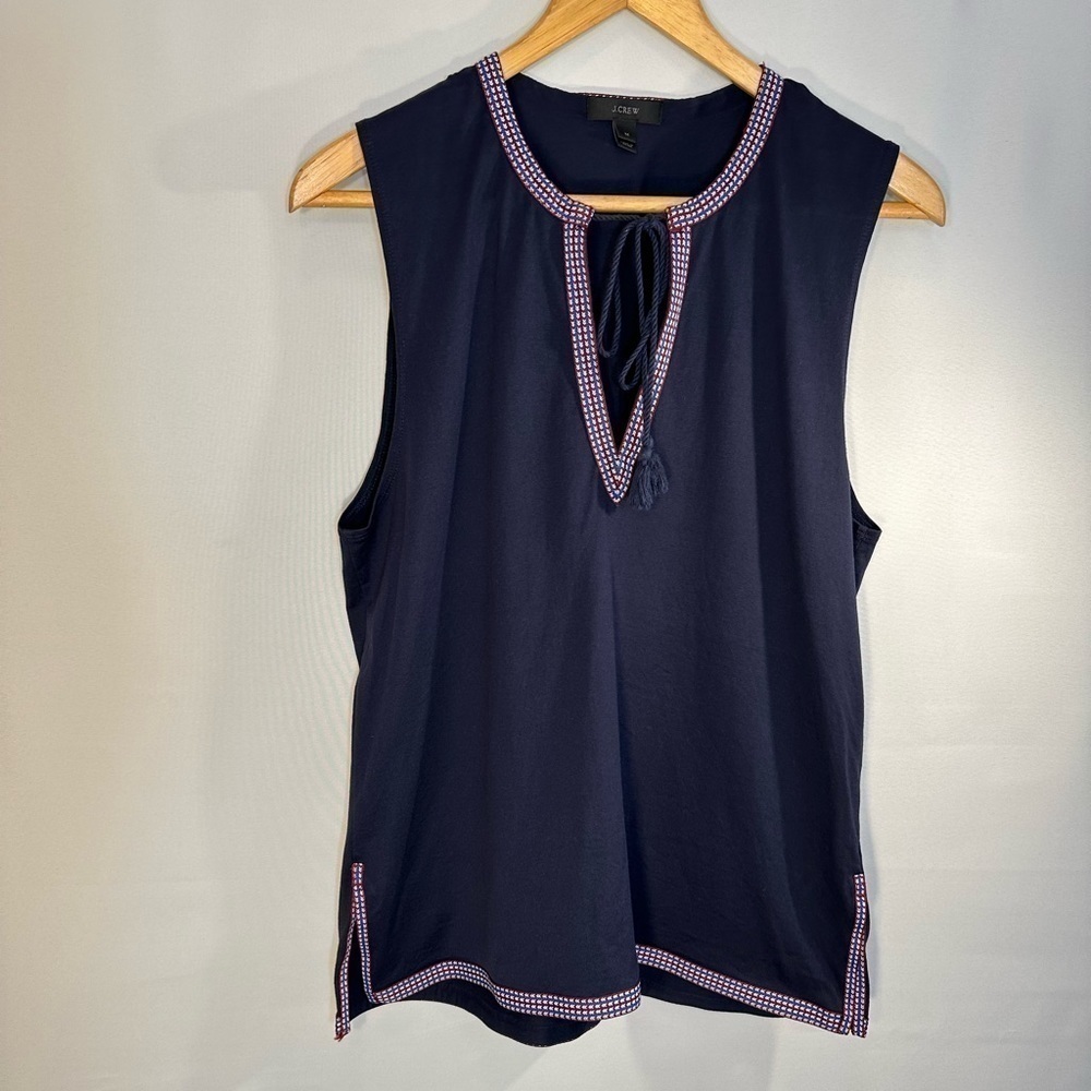 J Crew Navy Blue Embroidered Trim Tassel Tie Neck Sleeveless Tank Top Blouse M
